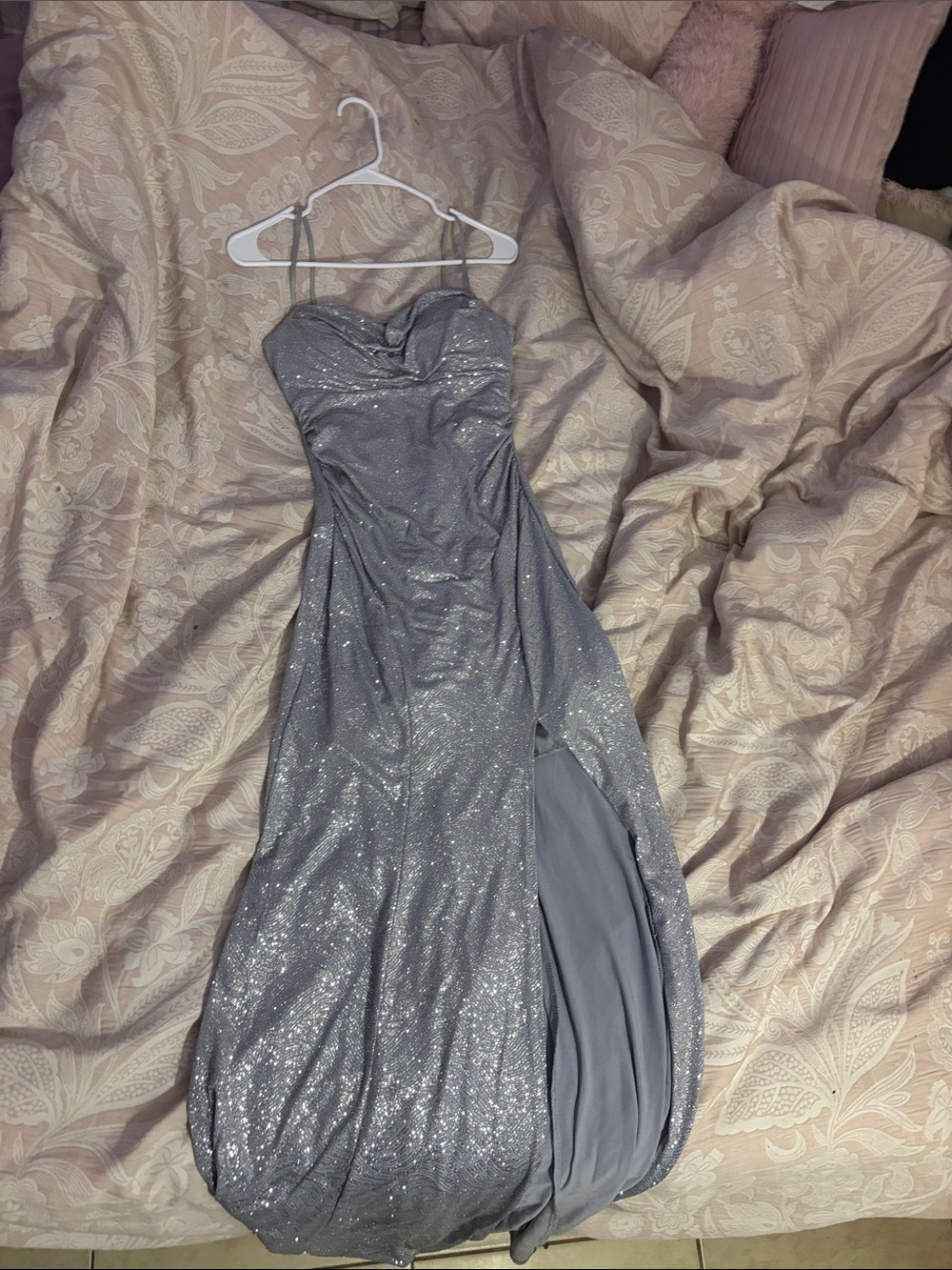 Silver Sparkle Strapless Prom Dress with Side Slit